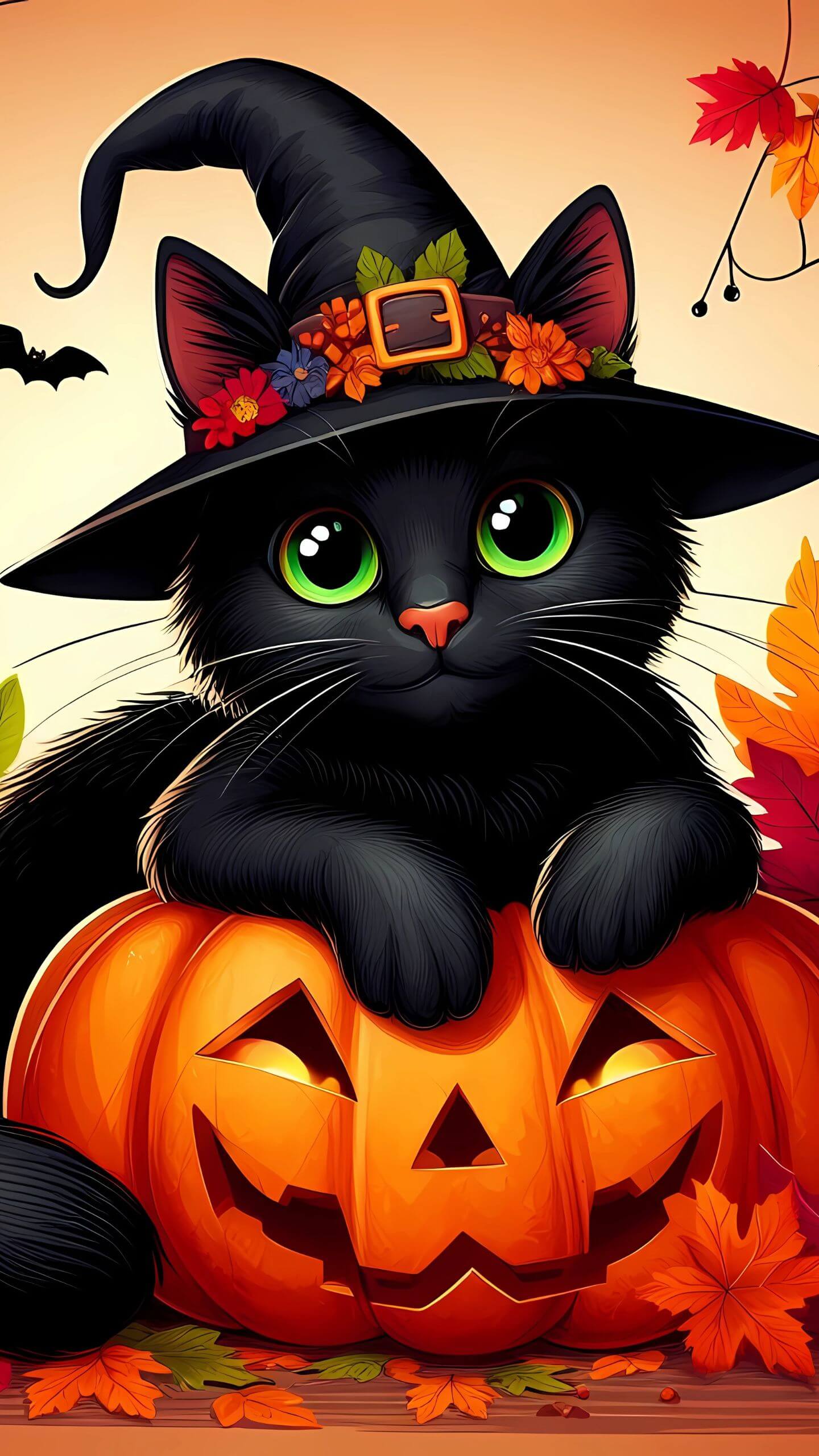 Autumn Black Cat with Pumpkin - Mobile Wallpaper