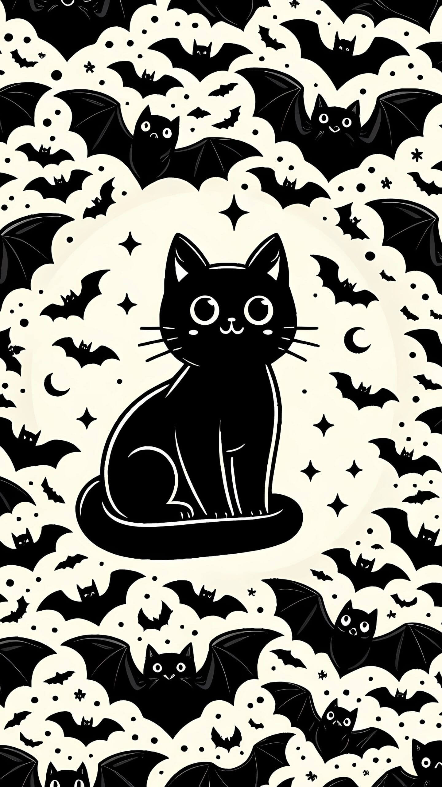 Black Cat and Cat Bats - Halloween Mobile Wallpaper