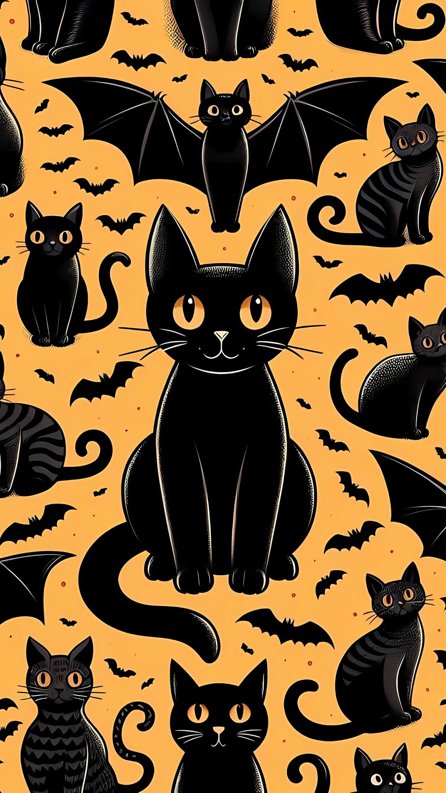 Black Cat and Bats Pattern - Mobile Wallpaper