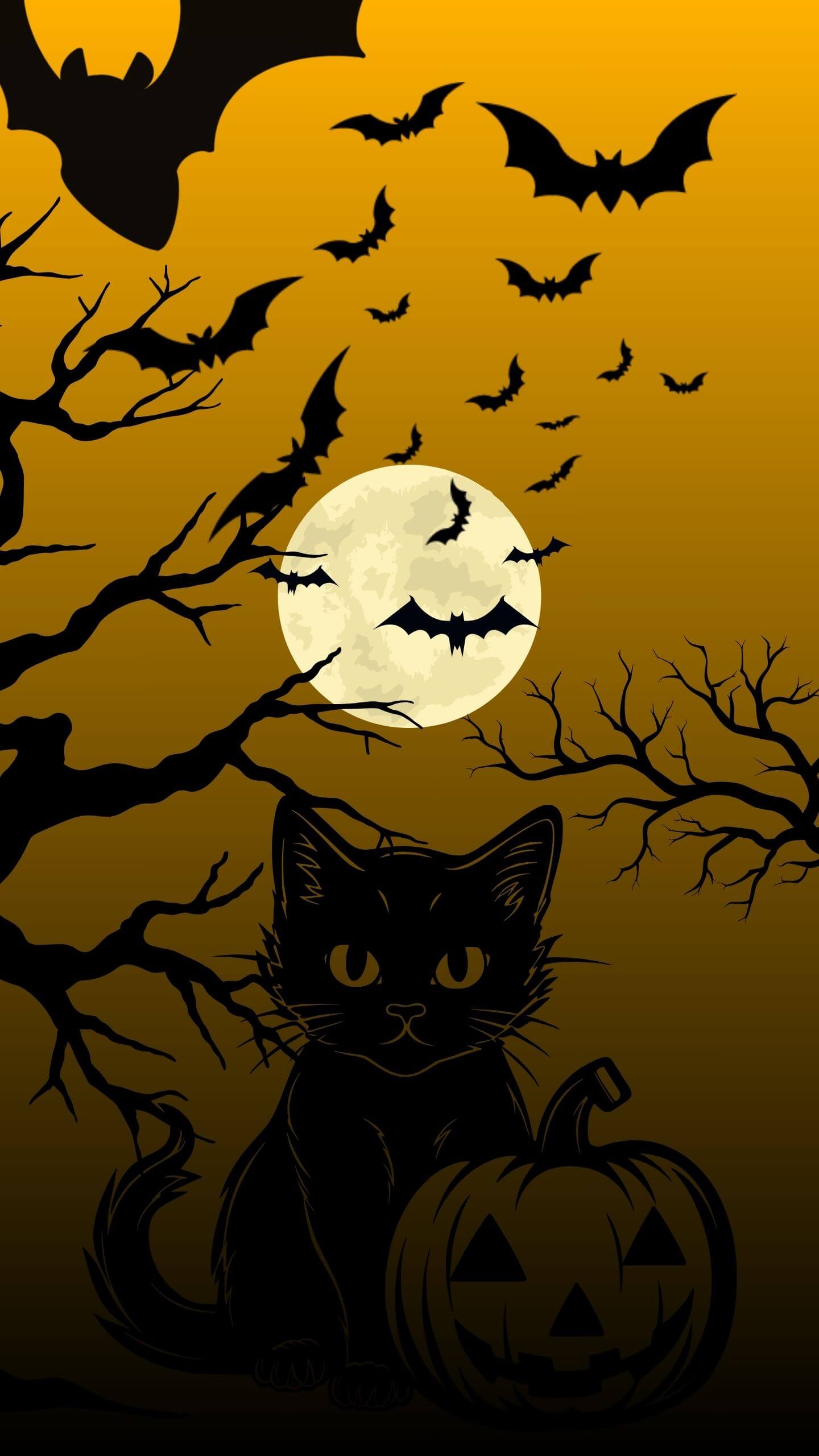 Black Cat and Bats at Full Moon - Mobile Wallpaper