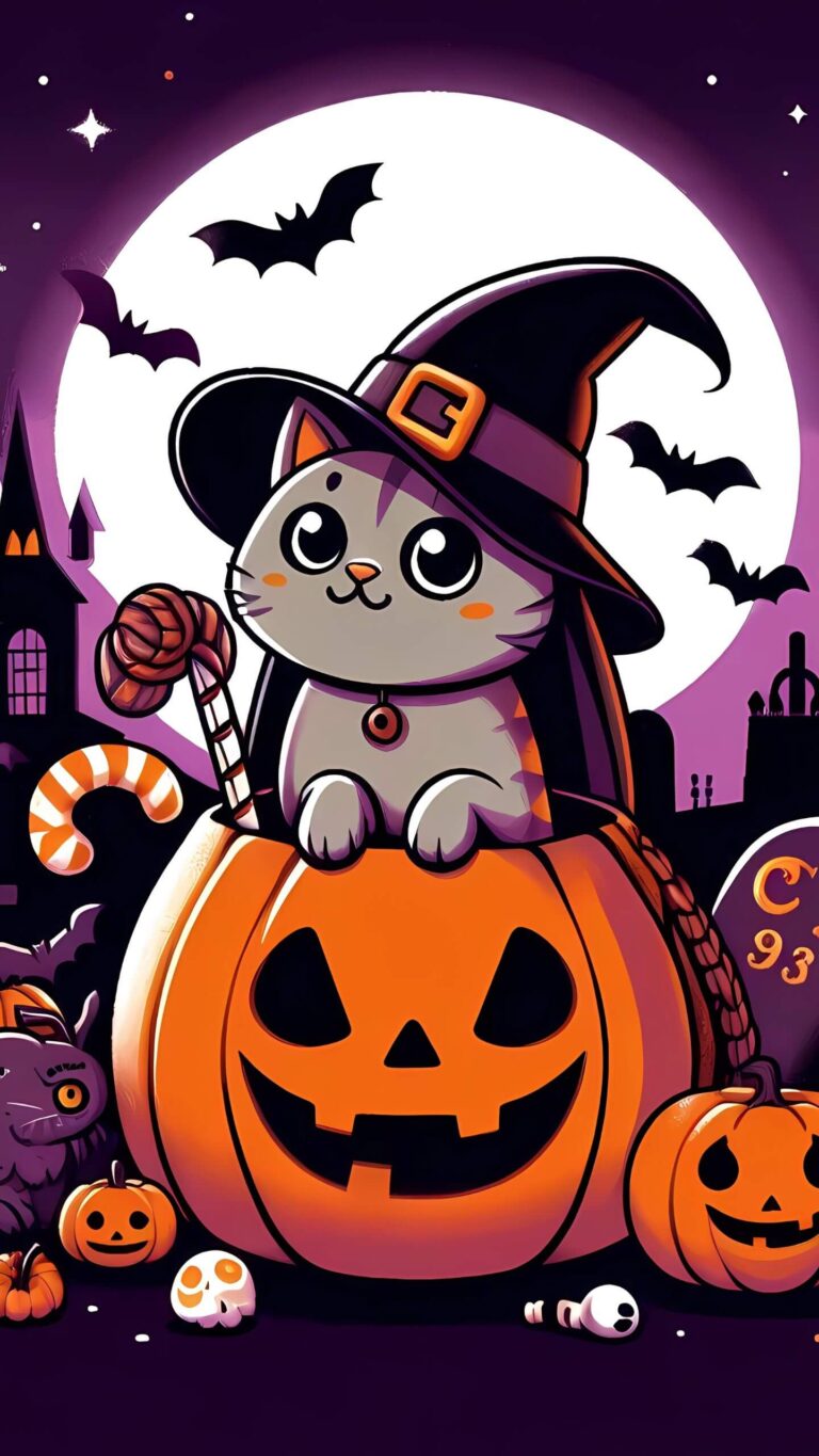 Cute Halloween Cat Vector Art - Mobile Wallpaper