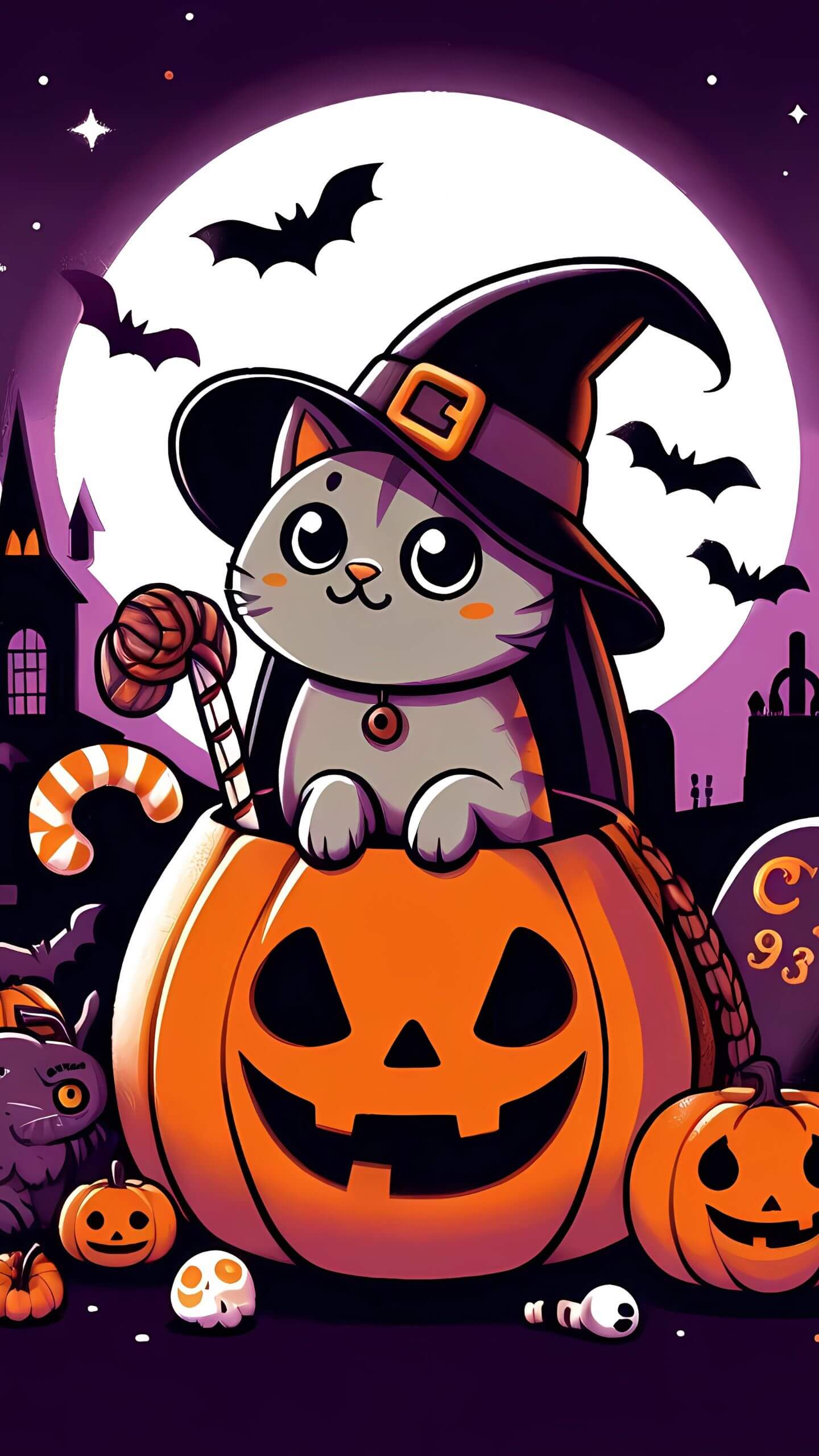 Cute Halloween Cat Vector Art - Mobile Wallpaper
