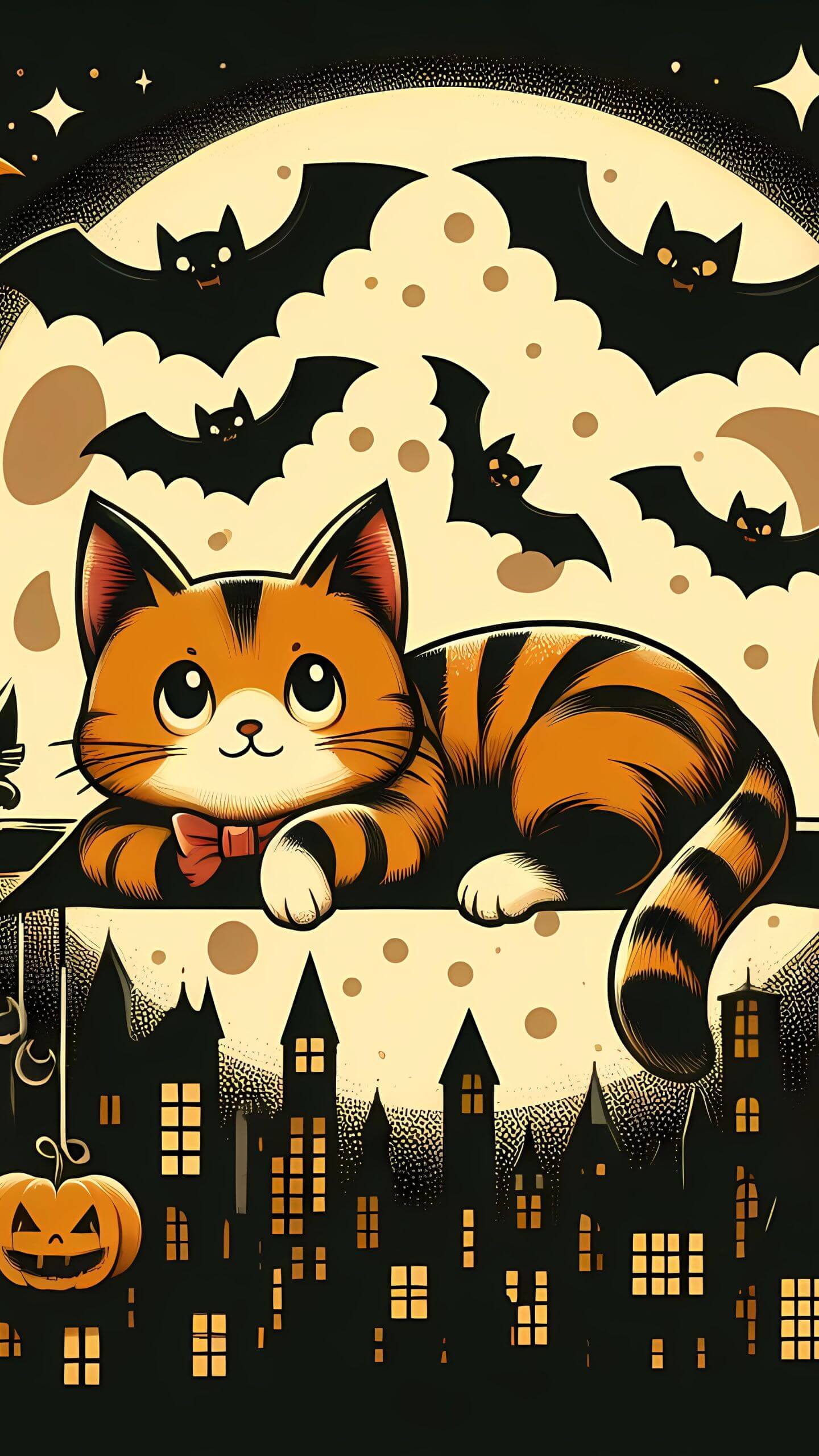 Halloween Cityscape, Cat and Bats in the Night - Mobile Wallpaper