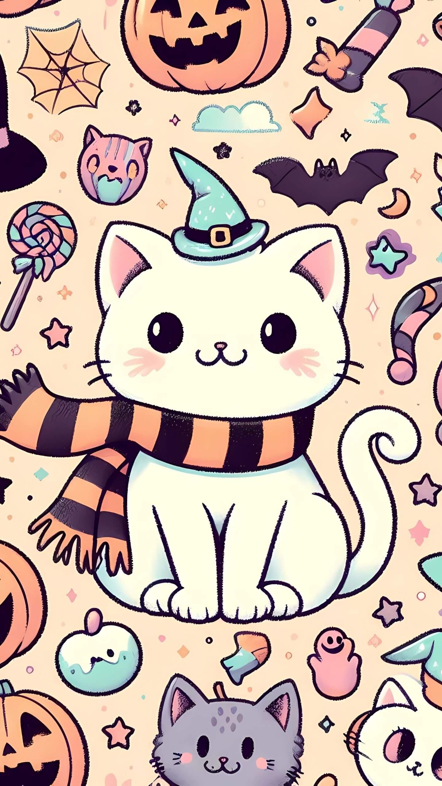 Halloween White Cat Pastel Pattern - Mobile Wallpaper
