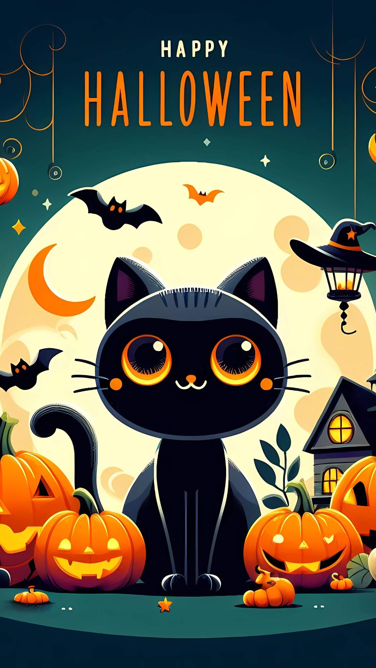 Happy Halloween Black Cat Vector Art - Mobile Wallpaper