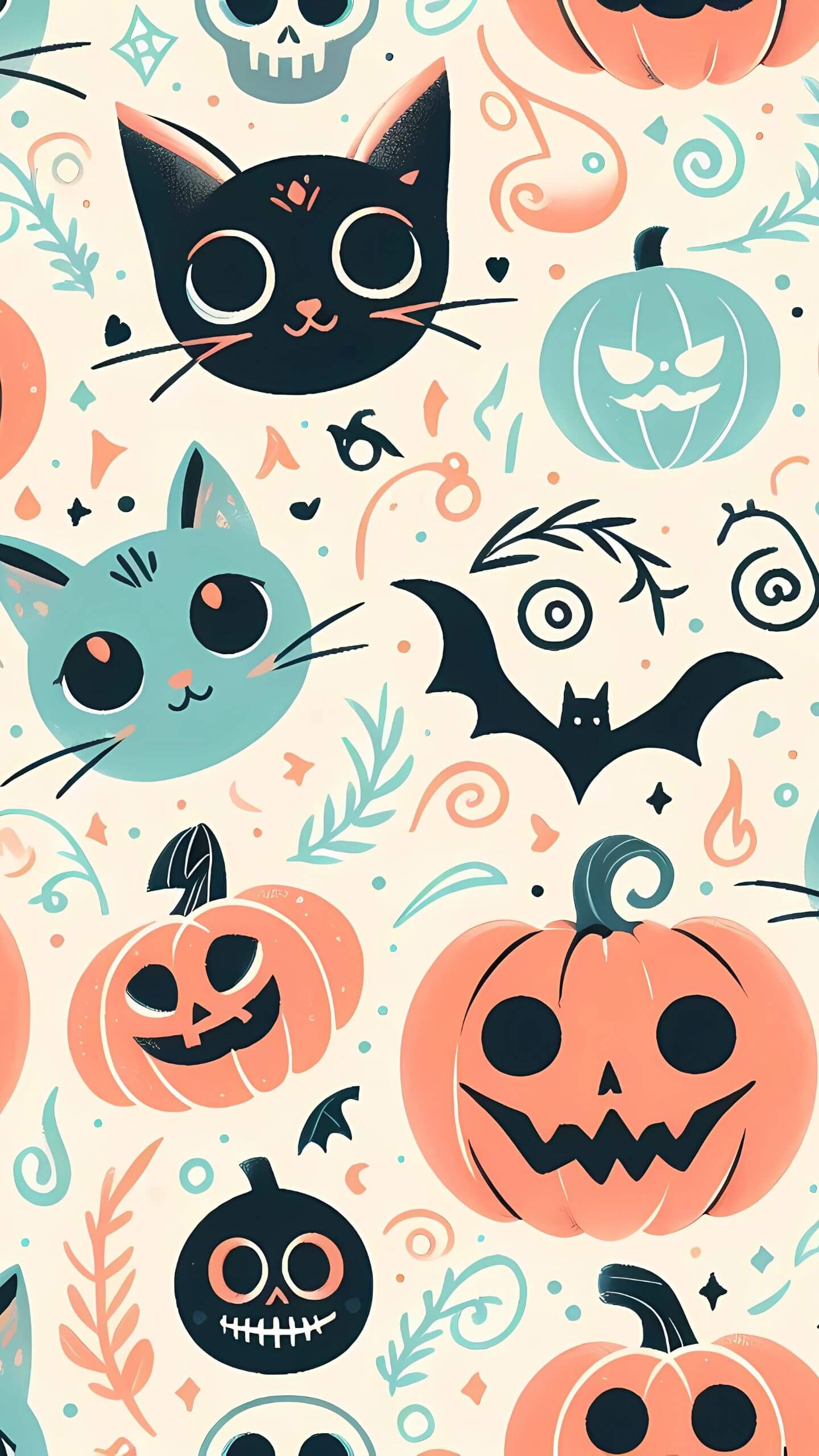 Pastel Halloween Cat Faces and Pumpkins - Mobile Wallpaper