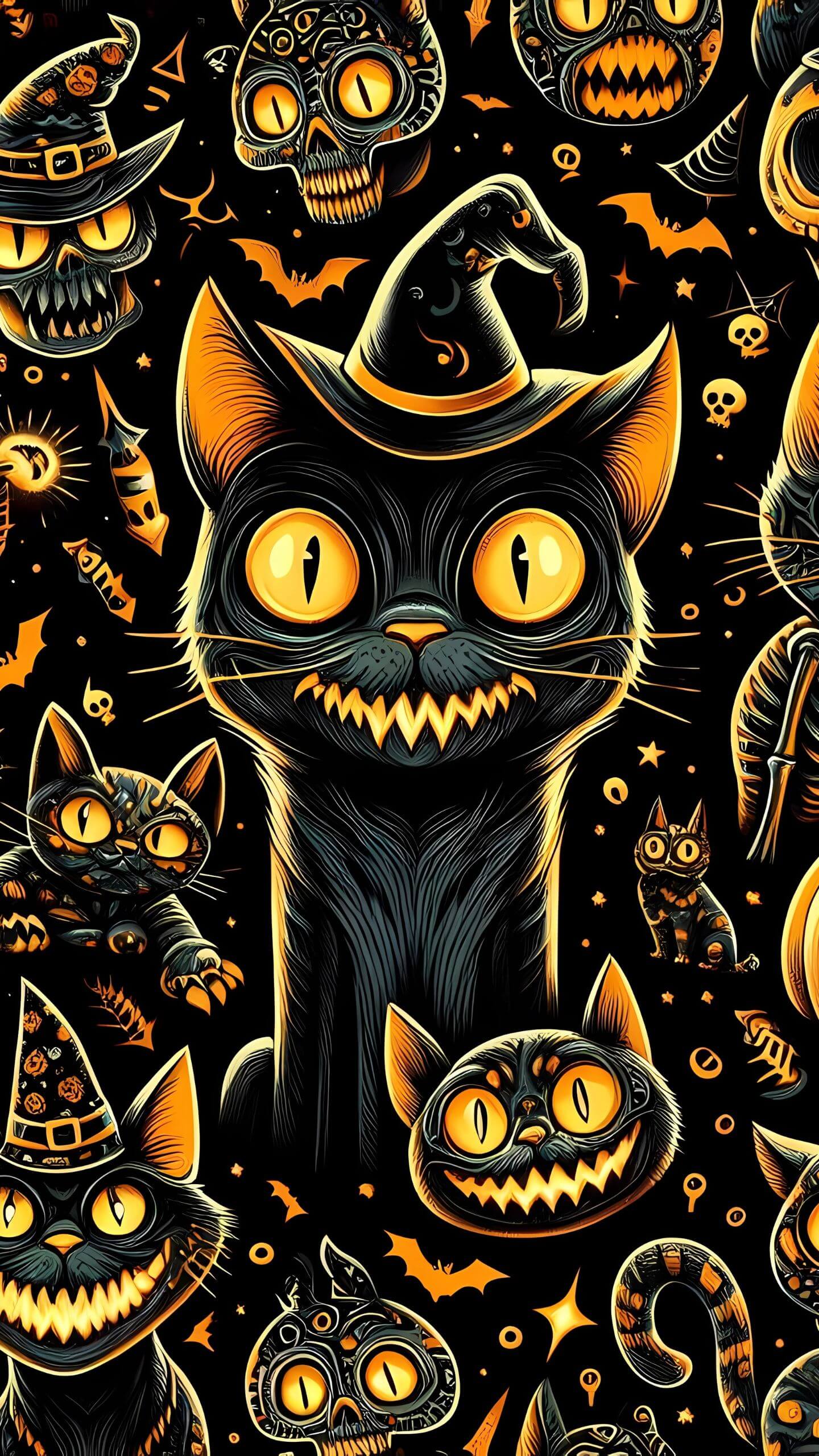 Scary Halloween Abstract Black Cats - Mobile Wallpaper