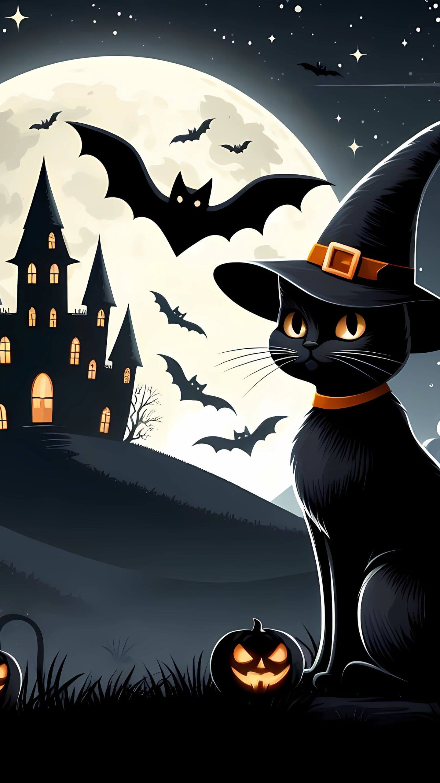 Halloween Black Cat and Castle - Mobile Wallpaper