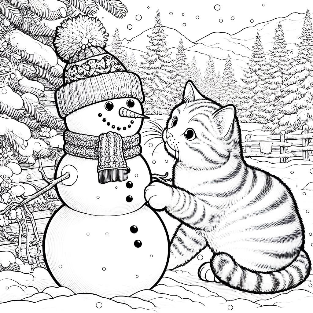 Cat and Snowman Scene Coloring