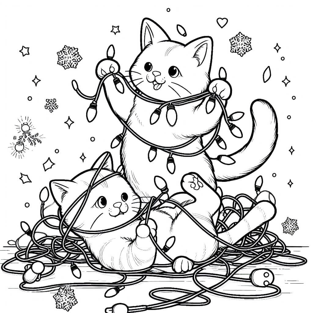 Cats Playing with Christmas Lights Coloring