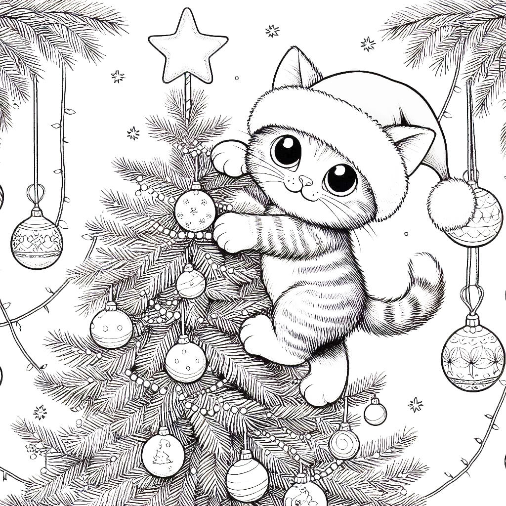 Christmas Tree Climbing Cat Coloring