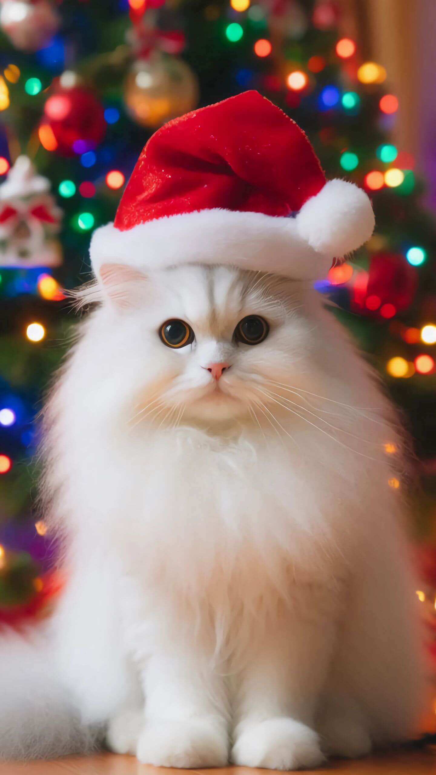 Fluffy White Cat Christmas Mobile Wallpaper