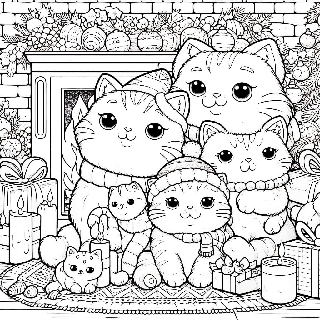 Holiday Cat Family Coloring