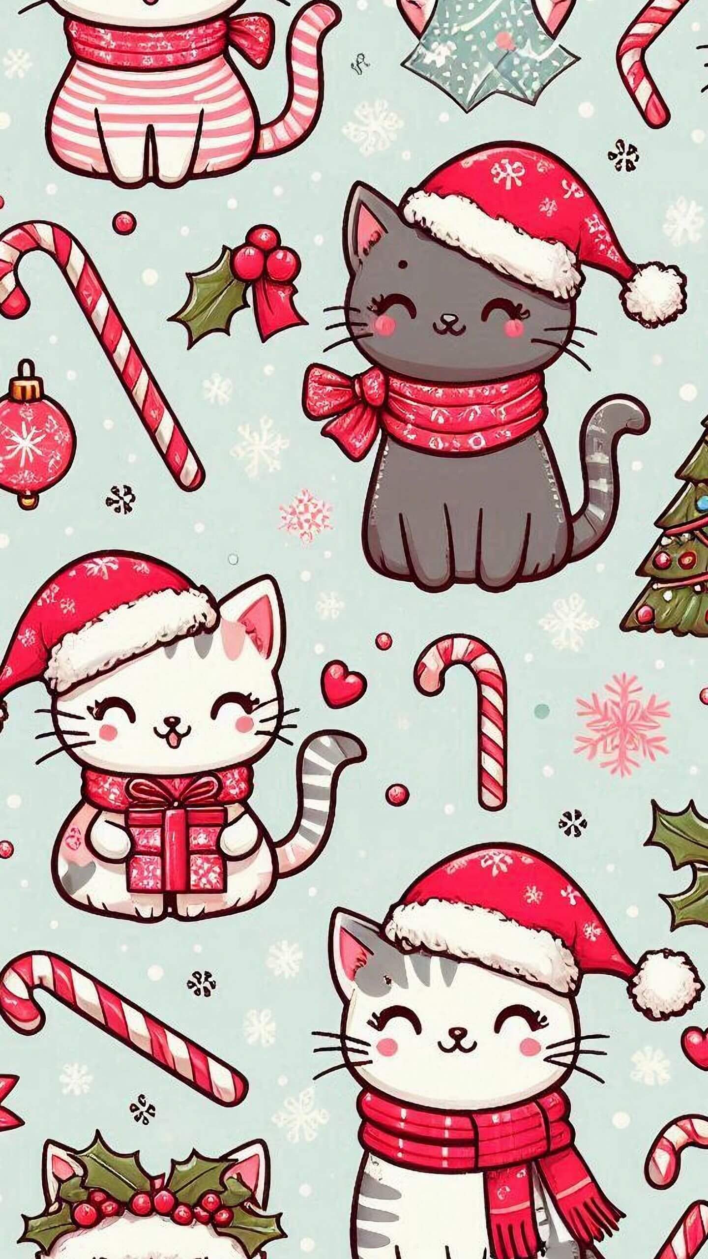 Holiday Cat Illustration Pattern Mobile Wallpaper