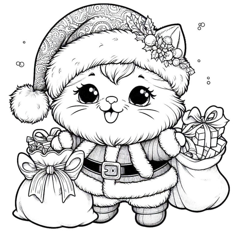 Santa Cat with a Sack of Gifts Coloring