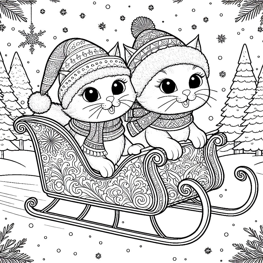Sleigh-Riding Cats Coloring
