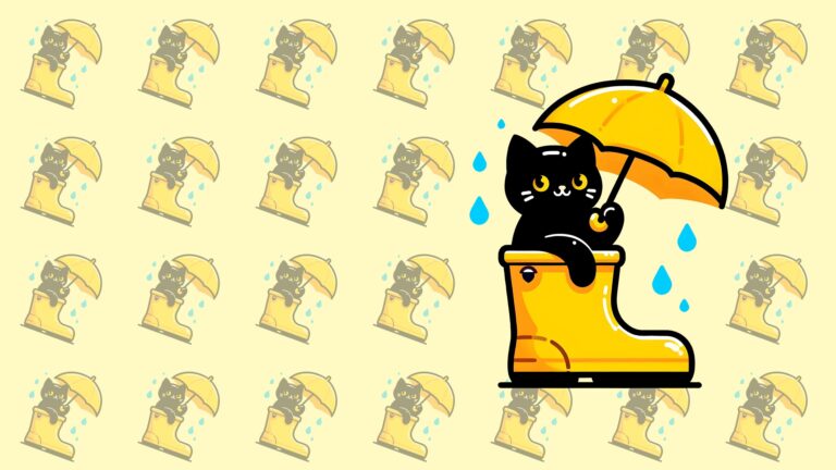 Black Cat in Yellow Boots with Umbrella Wallpaper Pattern