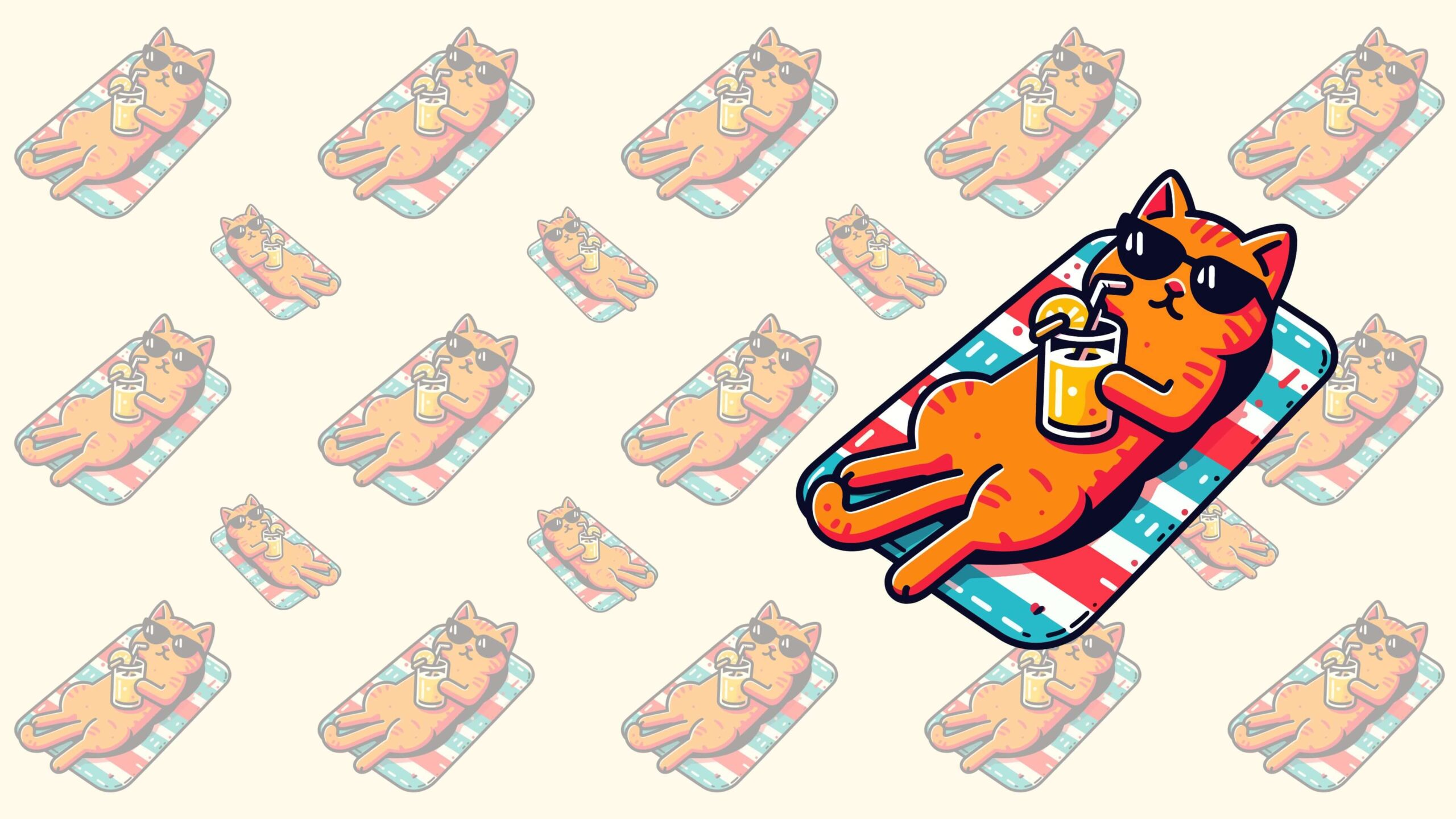 Sunbathing Cocktail Cat Wallpaper Pattern