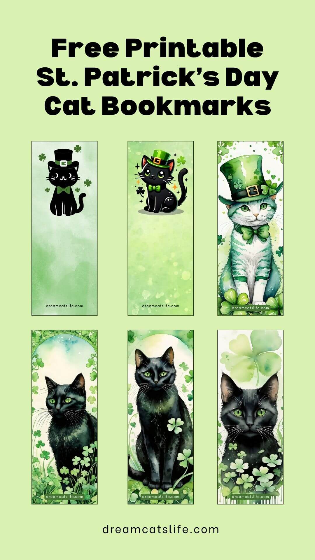 Free Printable St. Patrick's Day Cat Bookmarks