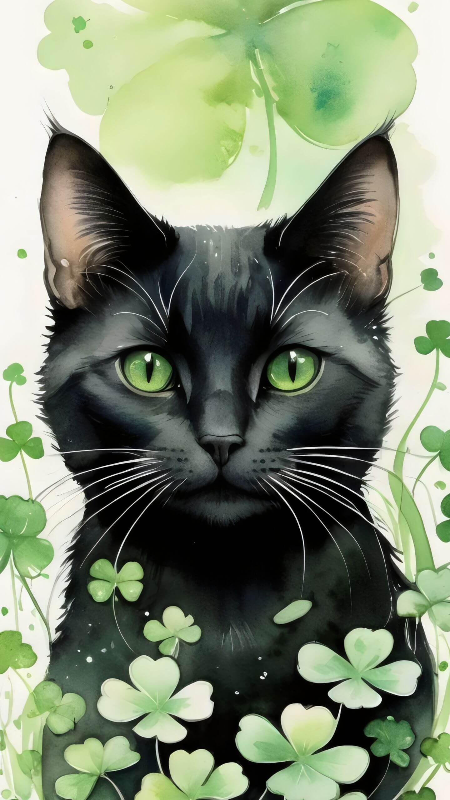 St. Patrick’s Day Black Cat Profile and Clovers Watercolor Design