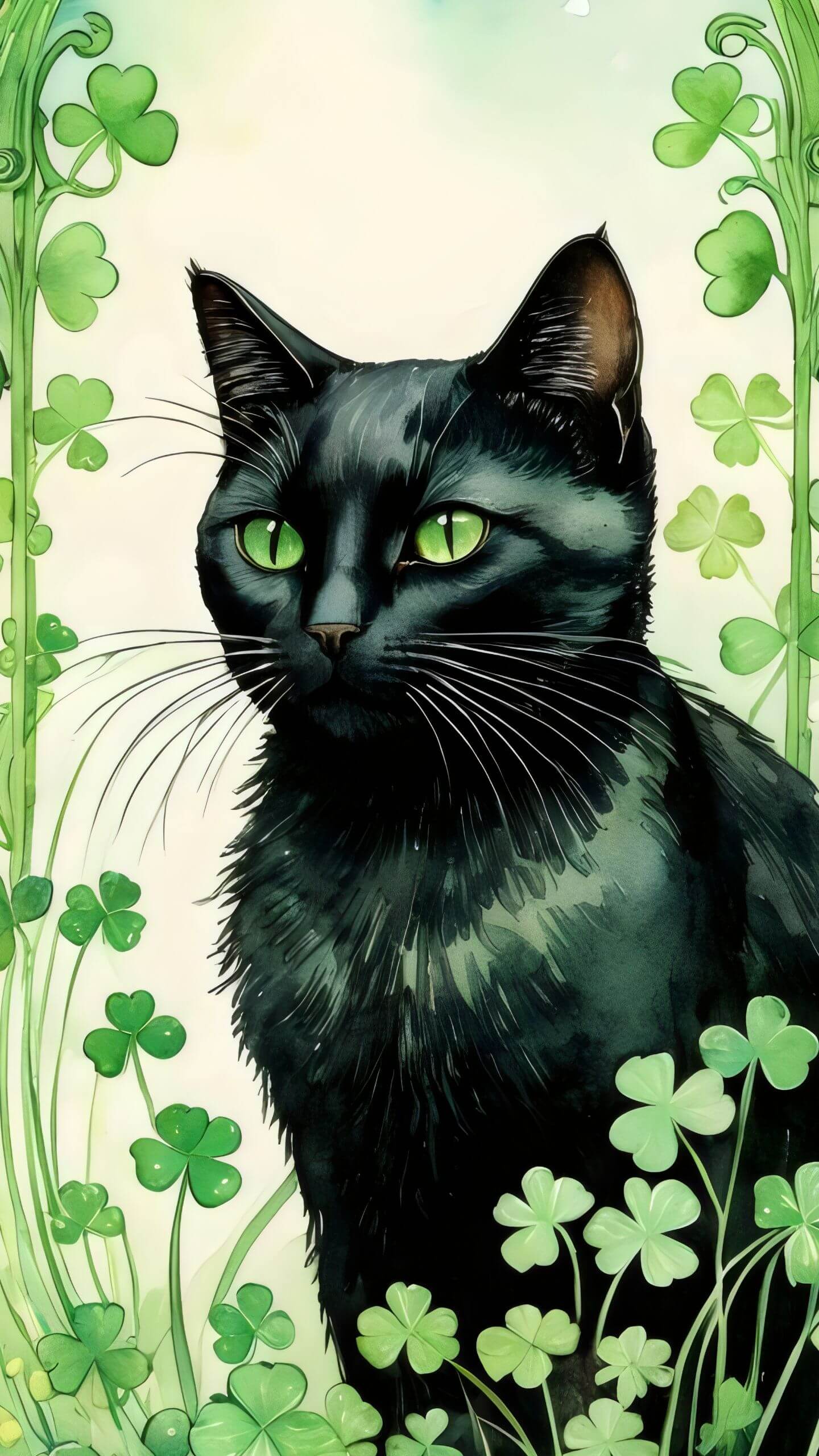 St. Patrick’s Day Black Cat and Clovers Watercolor Design