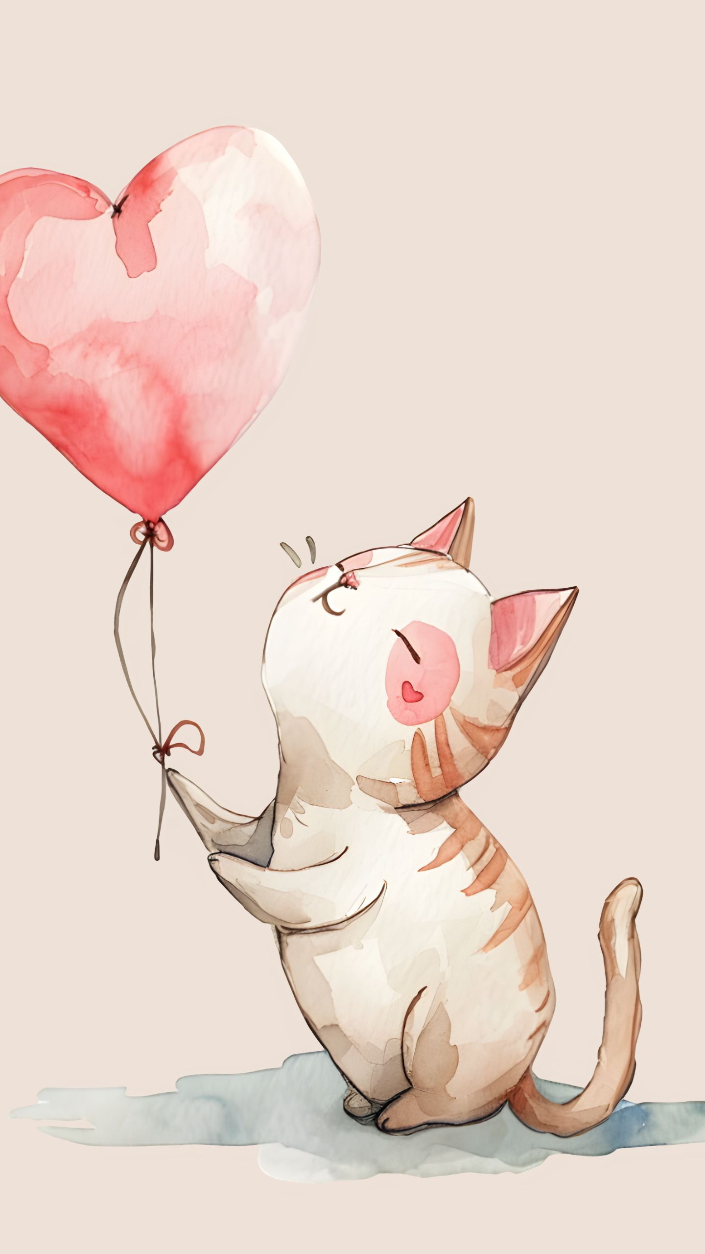 Watercolor Cat with Heart Balloon
