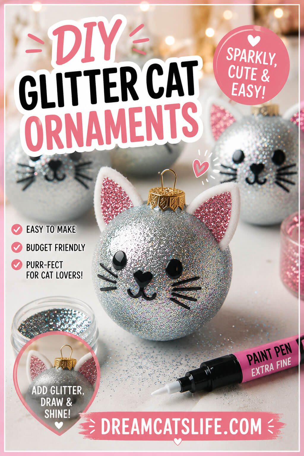 DIY Glitter Cat Ball Ornaments