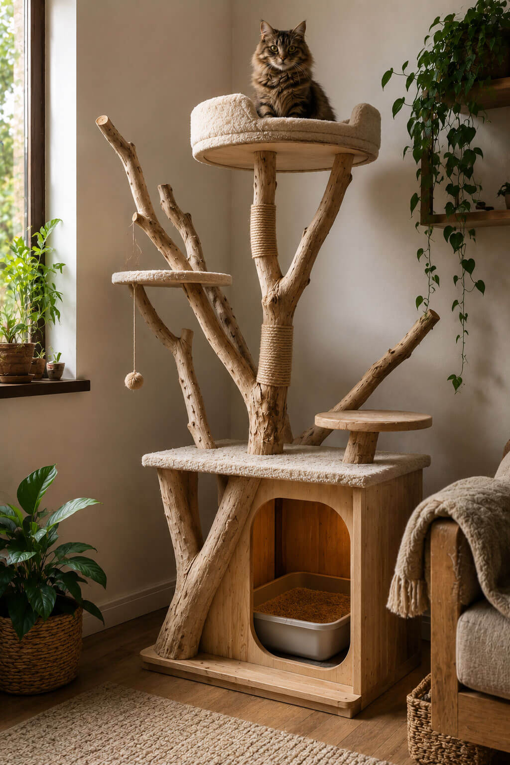 A Branch Cat Tree With a Built-In Litter Box Nook