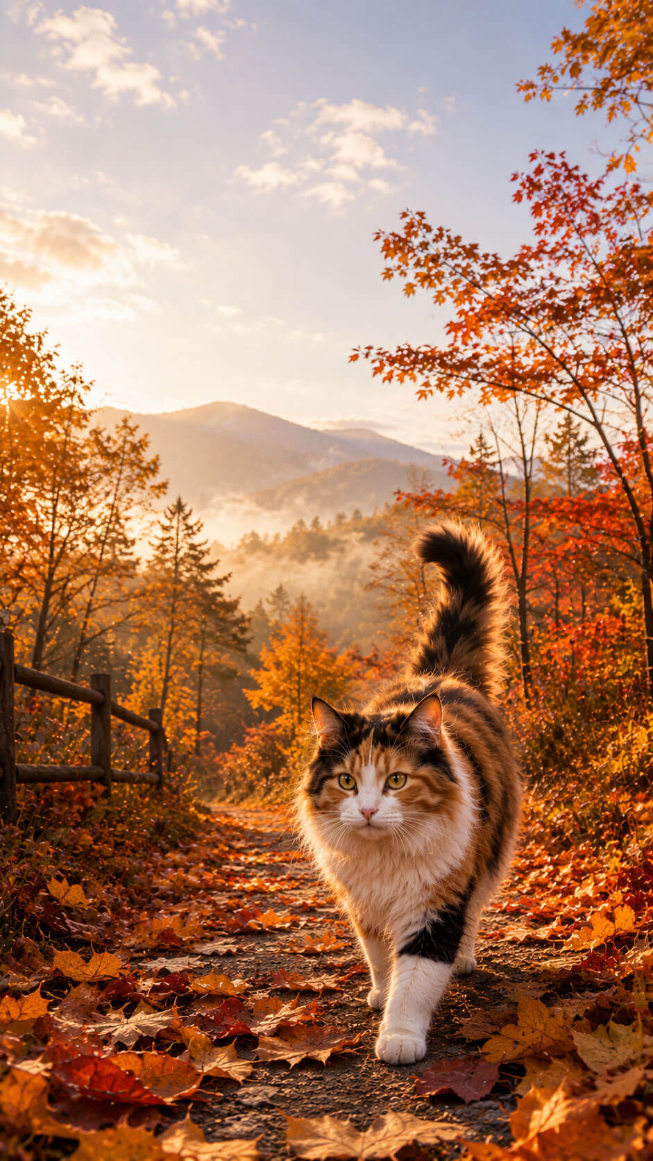 Calico Cat Wallpaper: Autumn Forest Walk