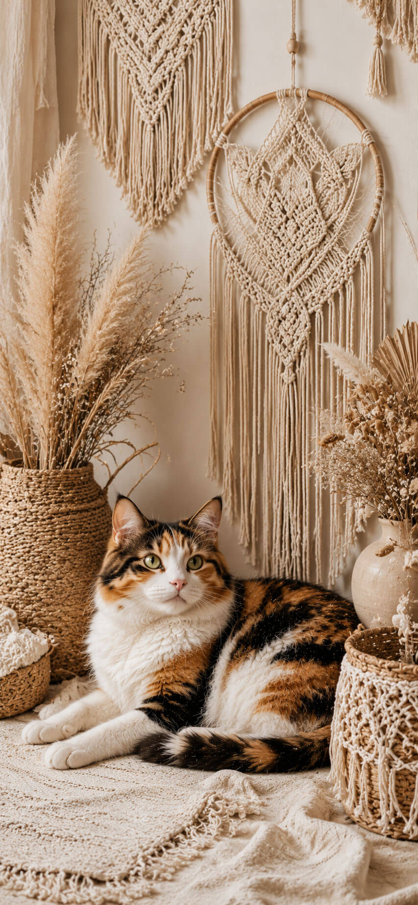 Calico Cat Wallpaper: Boho Macramé Style