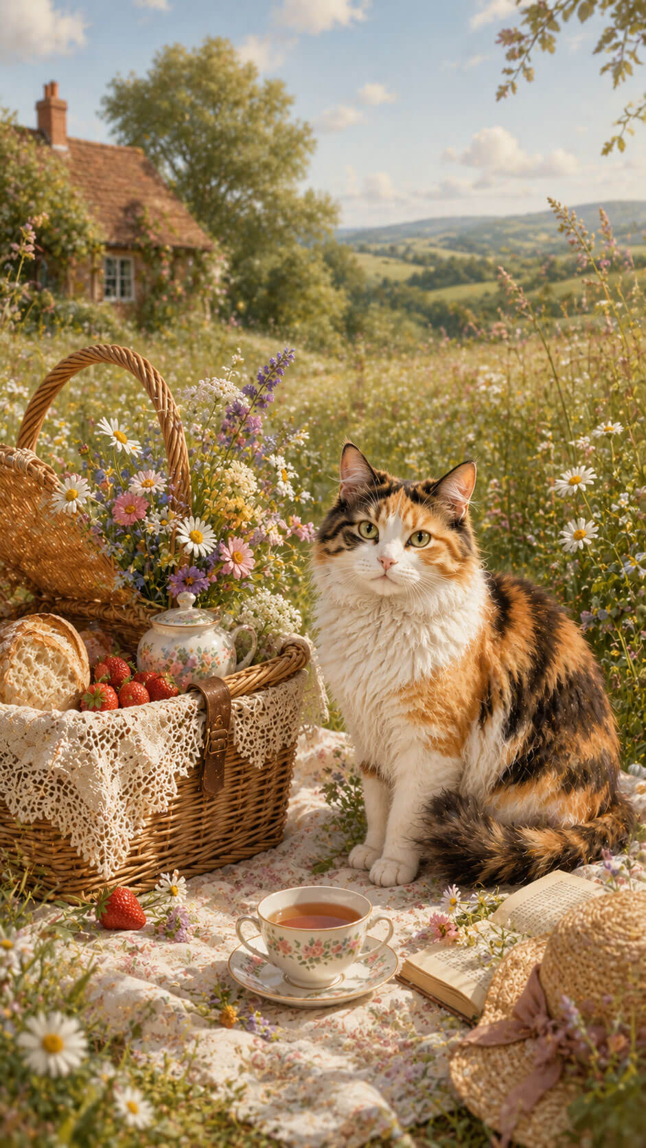 Calico Cat Wallpaper: Cottagecore Picnic