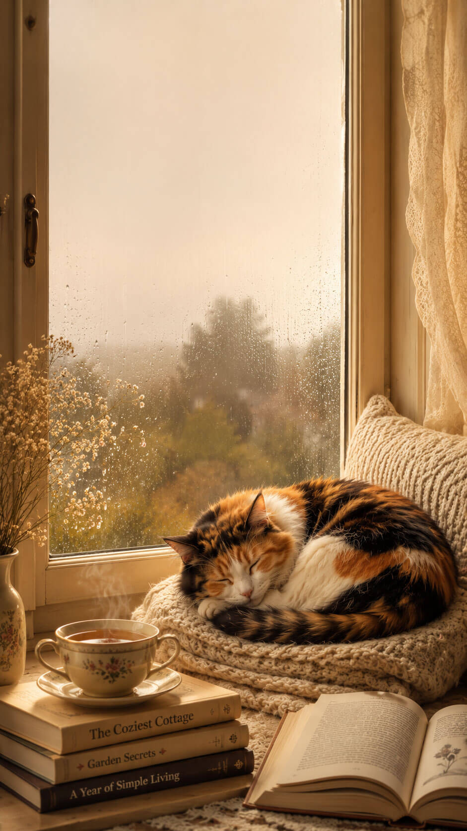 Calico Cat Wallpaper: Cozy Window Reading Spot