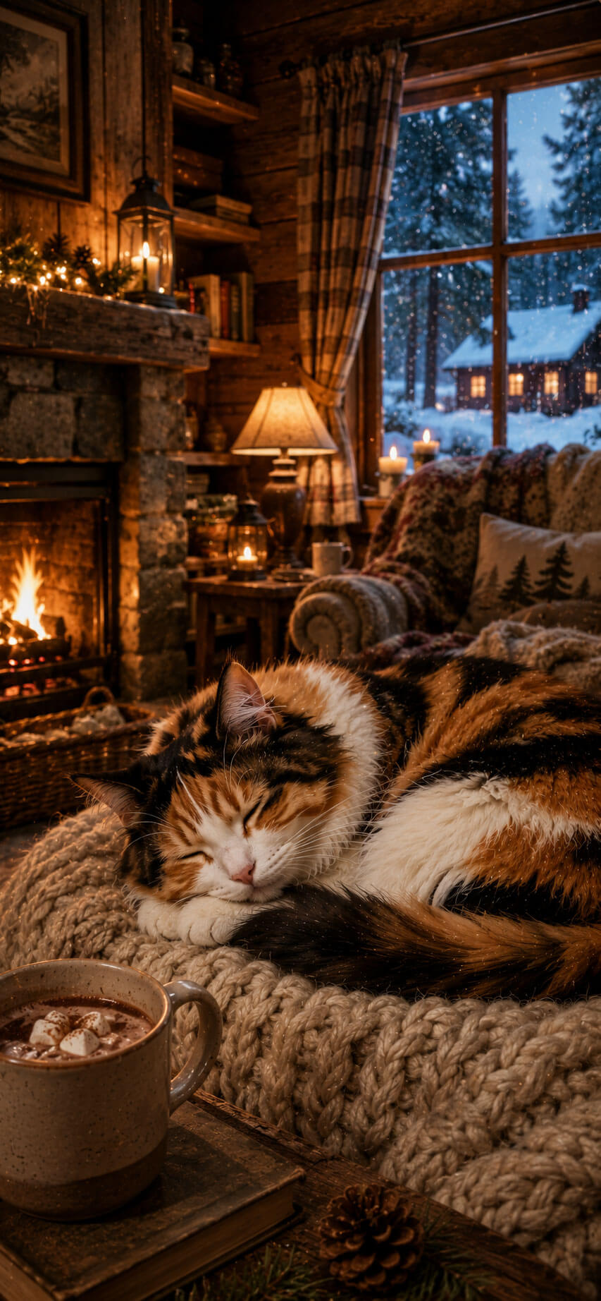 Calico Cat Wallpaper: Cozy Winter Cabin