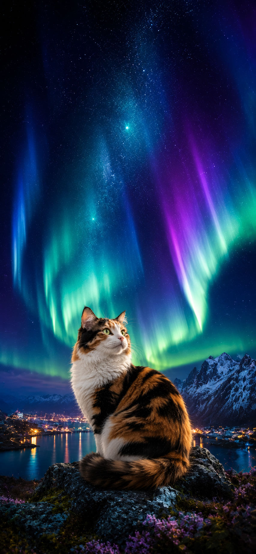 Calico Cat Wallpaper: Dreamy Aurora Night