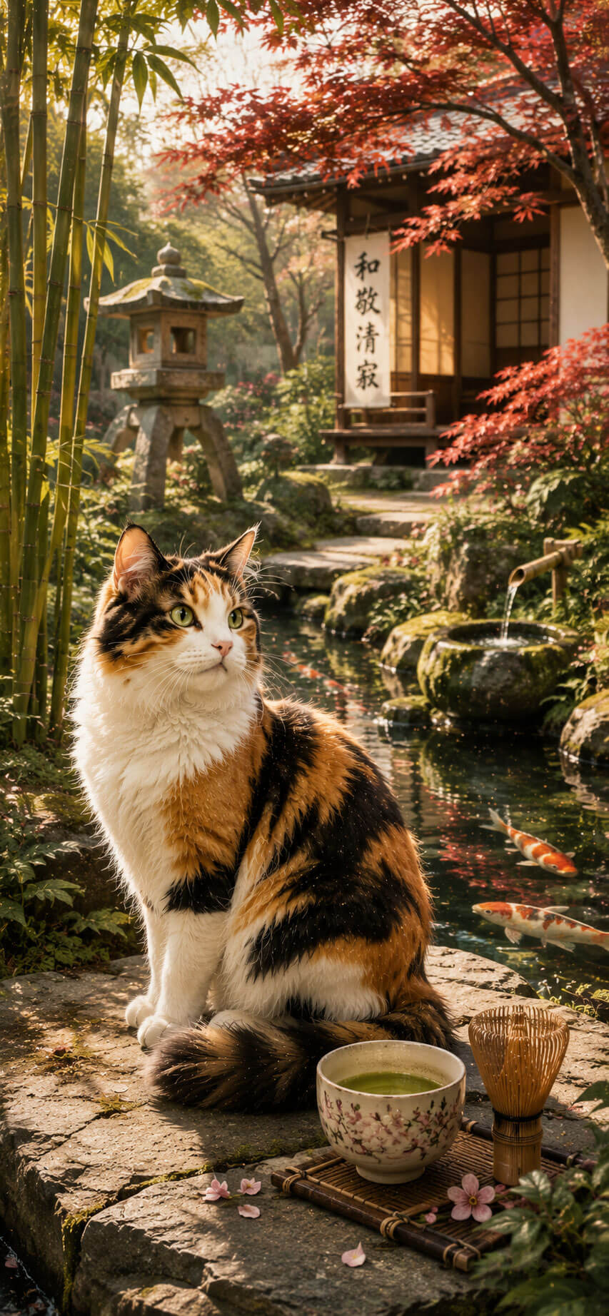 Calico Cat Wallpaper: Japanese Tea Garden
