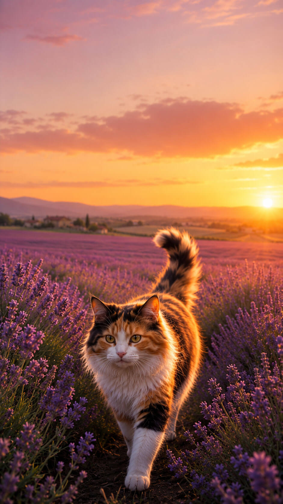 Calico Cat Wallpaper: Lavender Field Sunset