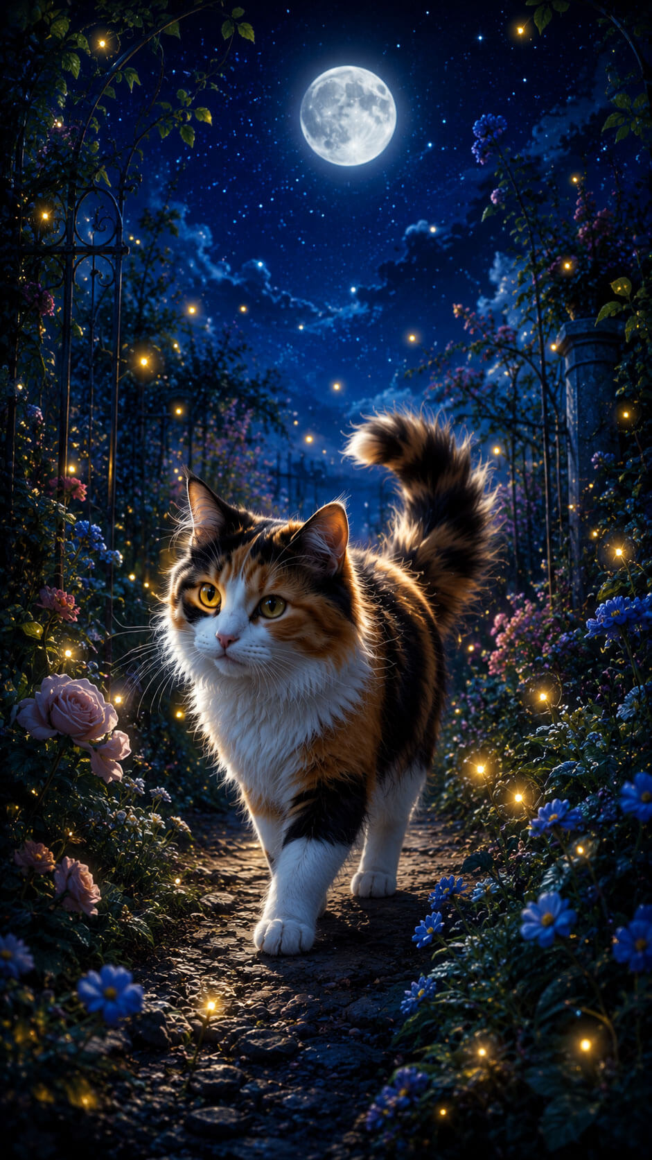 Calico Cat Wallpaper: Moonlit Garden