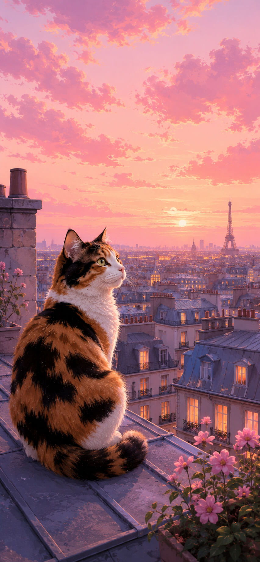 Calico Cat Wallpaper: Pink Sunset Rooftops