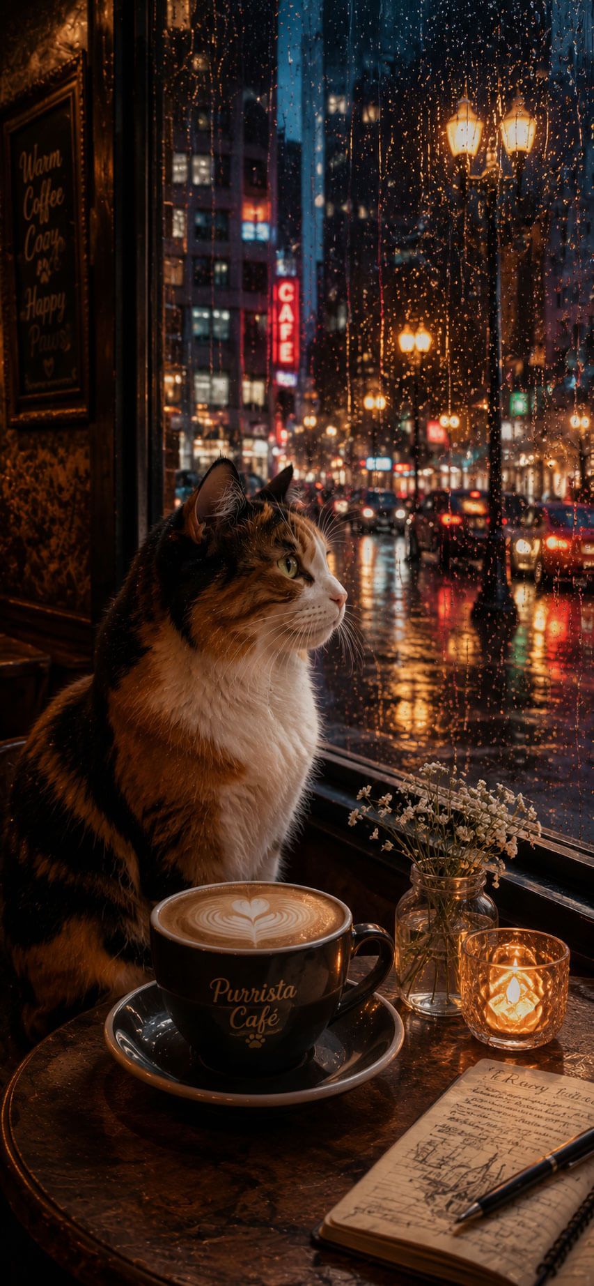 Calico Cat Wallpaper: Rainy City Café