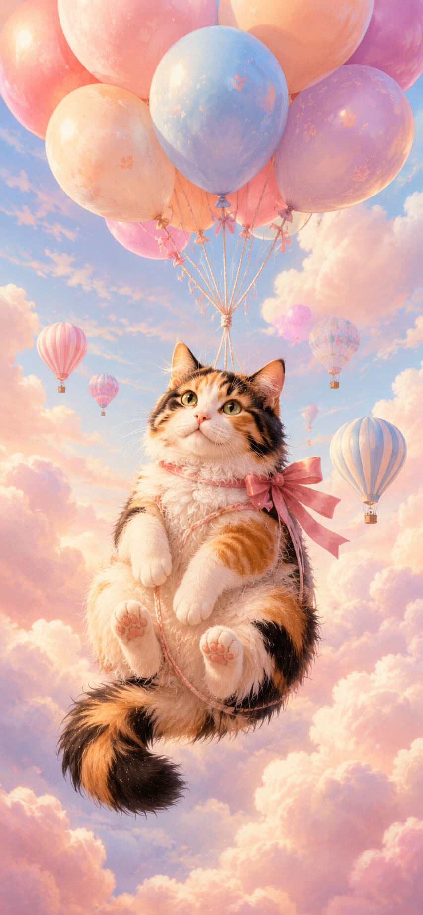 Calico Cat Wallpaper: Soft Clouds and Balloons