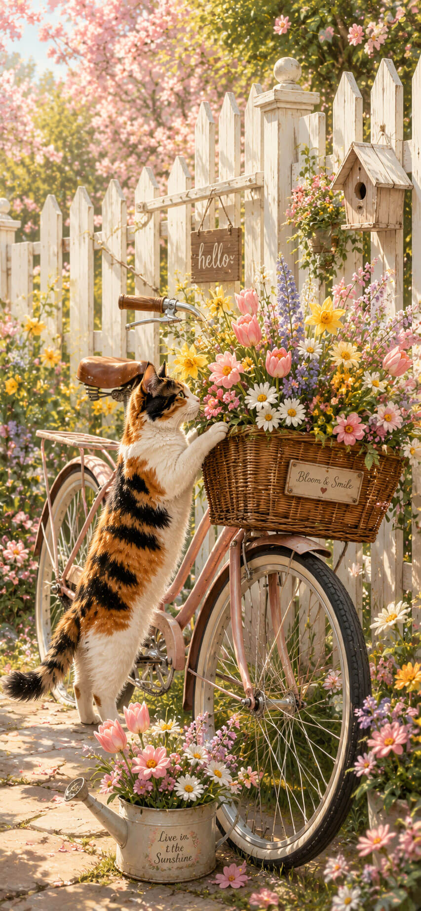 Calico Cat Wallpaper: Spring Flower Bicycle