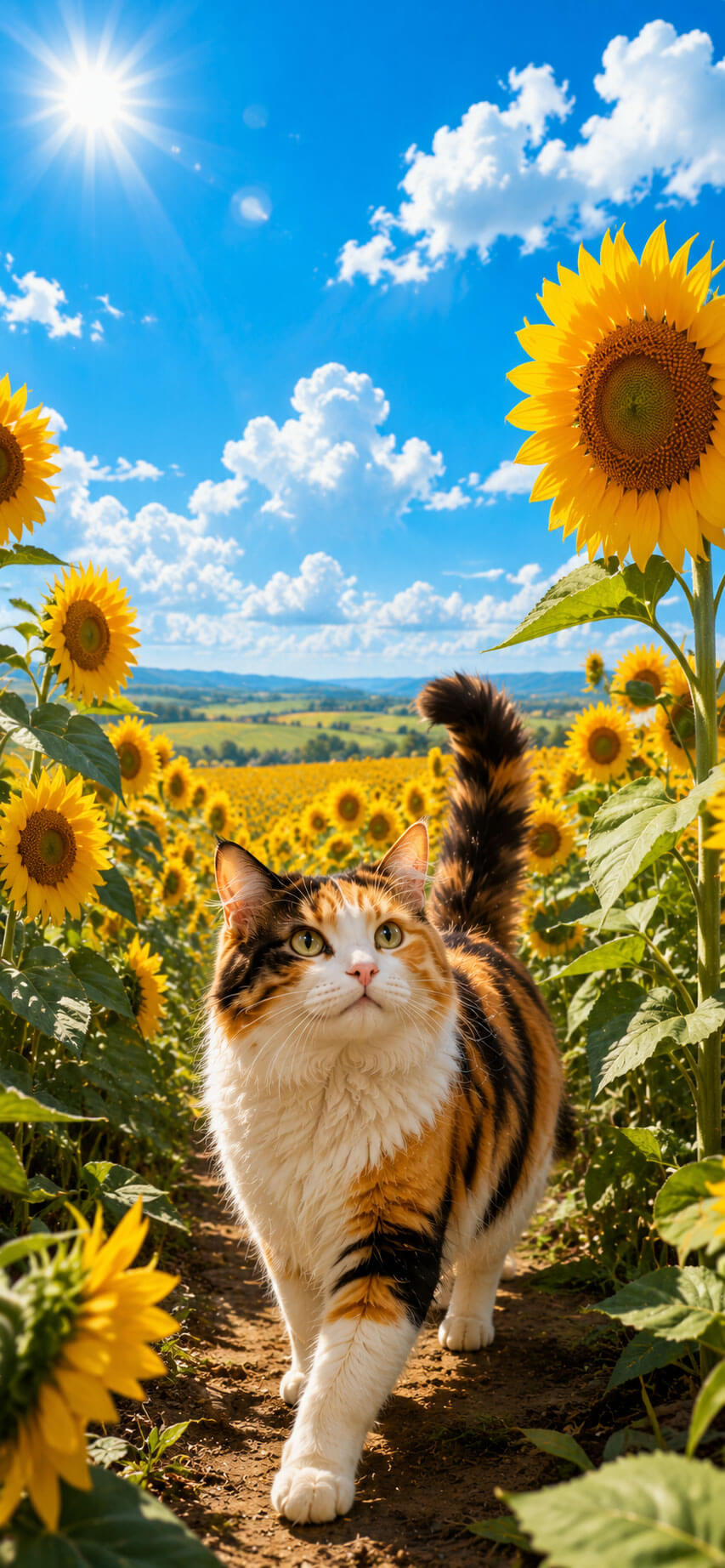 Calico Cat Wallpaper: Sunflower Field Adventure