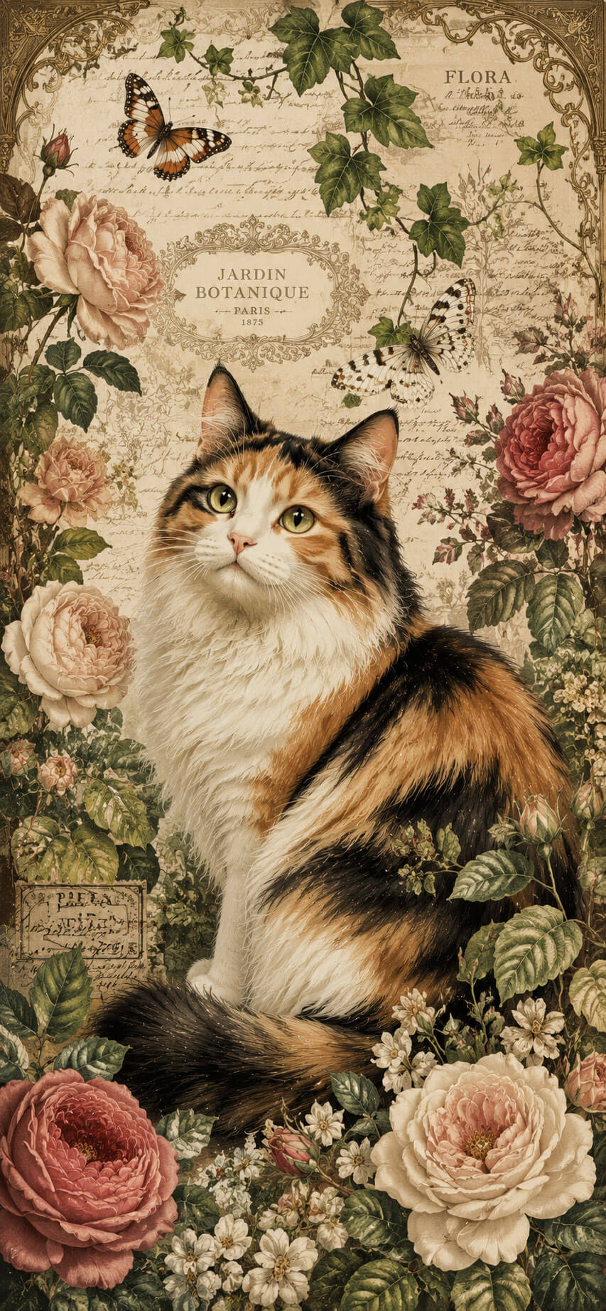 Calico Cat Wallpaper: Vintage Botanical Garden