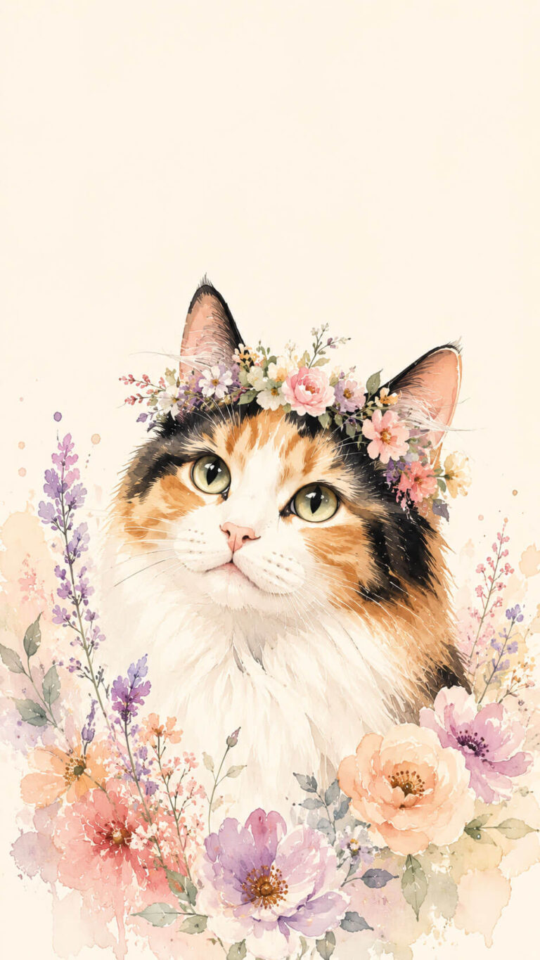 Calico Cat Wallpaper: Watercolor Floral Portrait