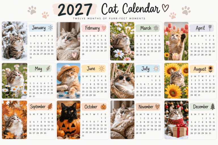 Free printable 2027 cat calendar with all 12 months and kitten photos
