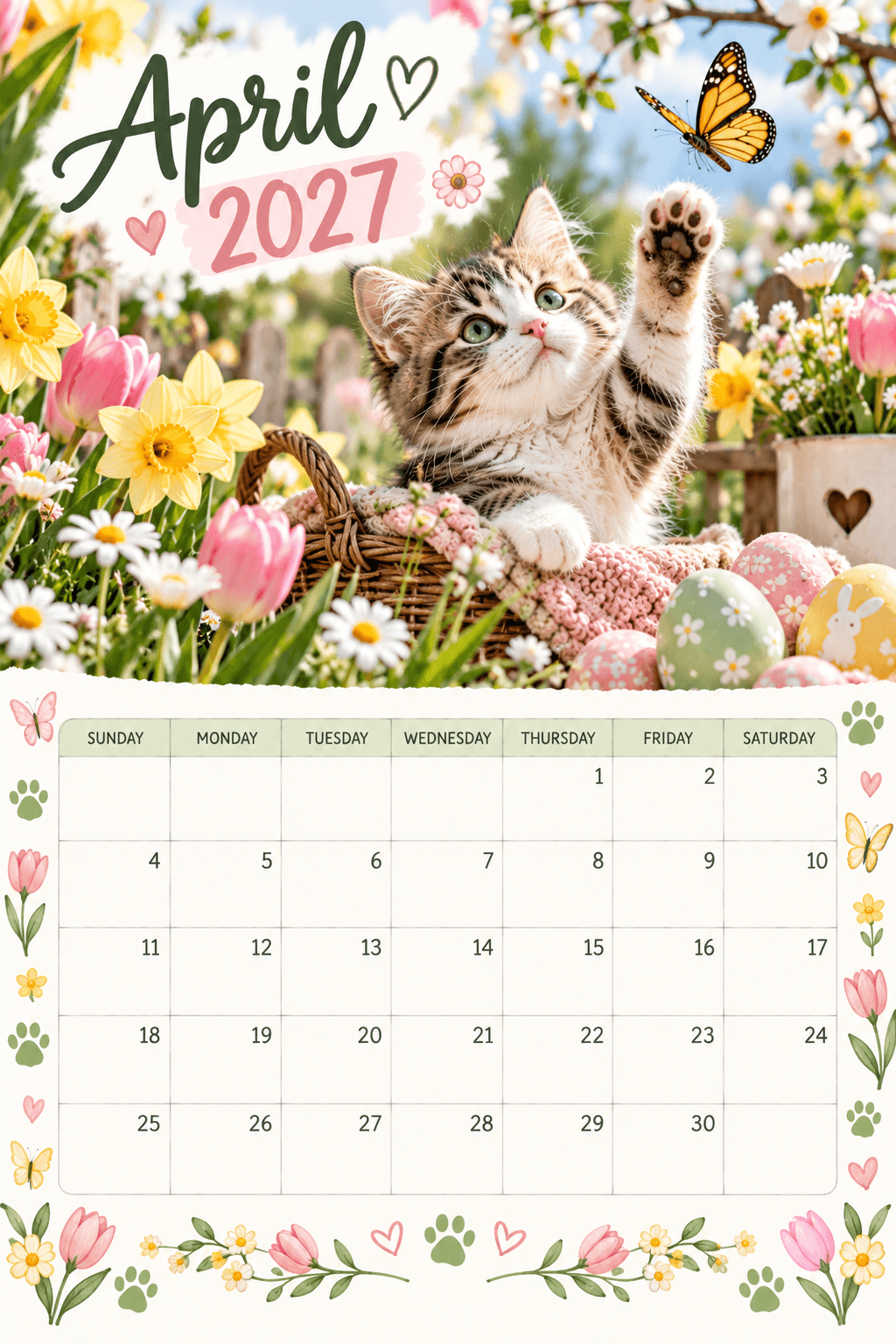 April 2027 calendar with kitten reaching for a butterfly beside Easter eggs