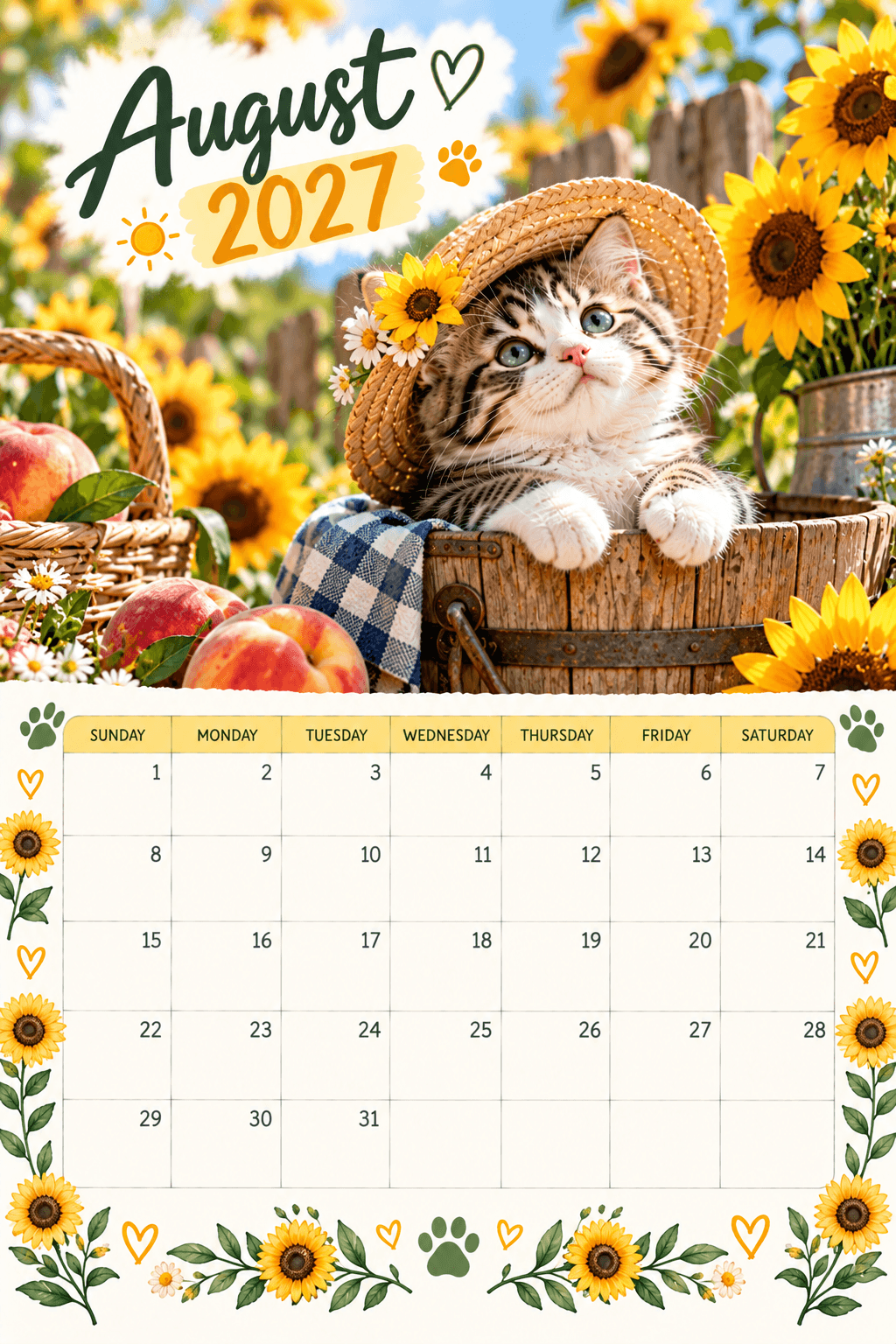 August 2027 calendar with kitten in a sunflower straw hat