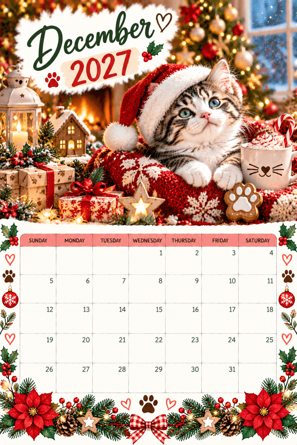 December 2027 calendar with kitten in a Santa hat among Christmas gifts