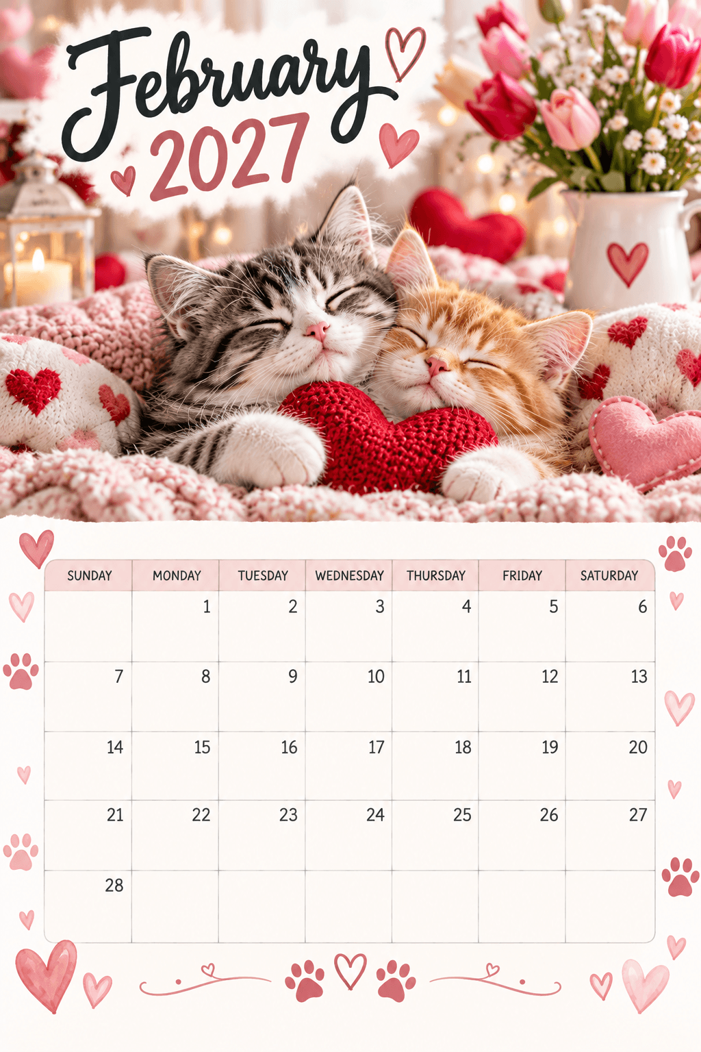 February 2027 calendar with two sleeping kittens and a red heart