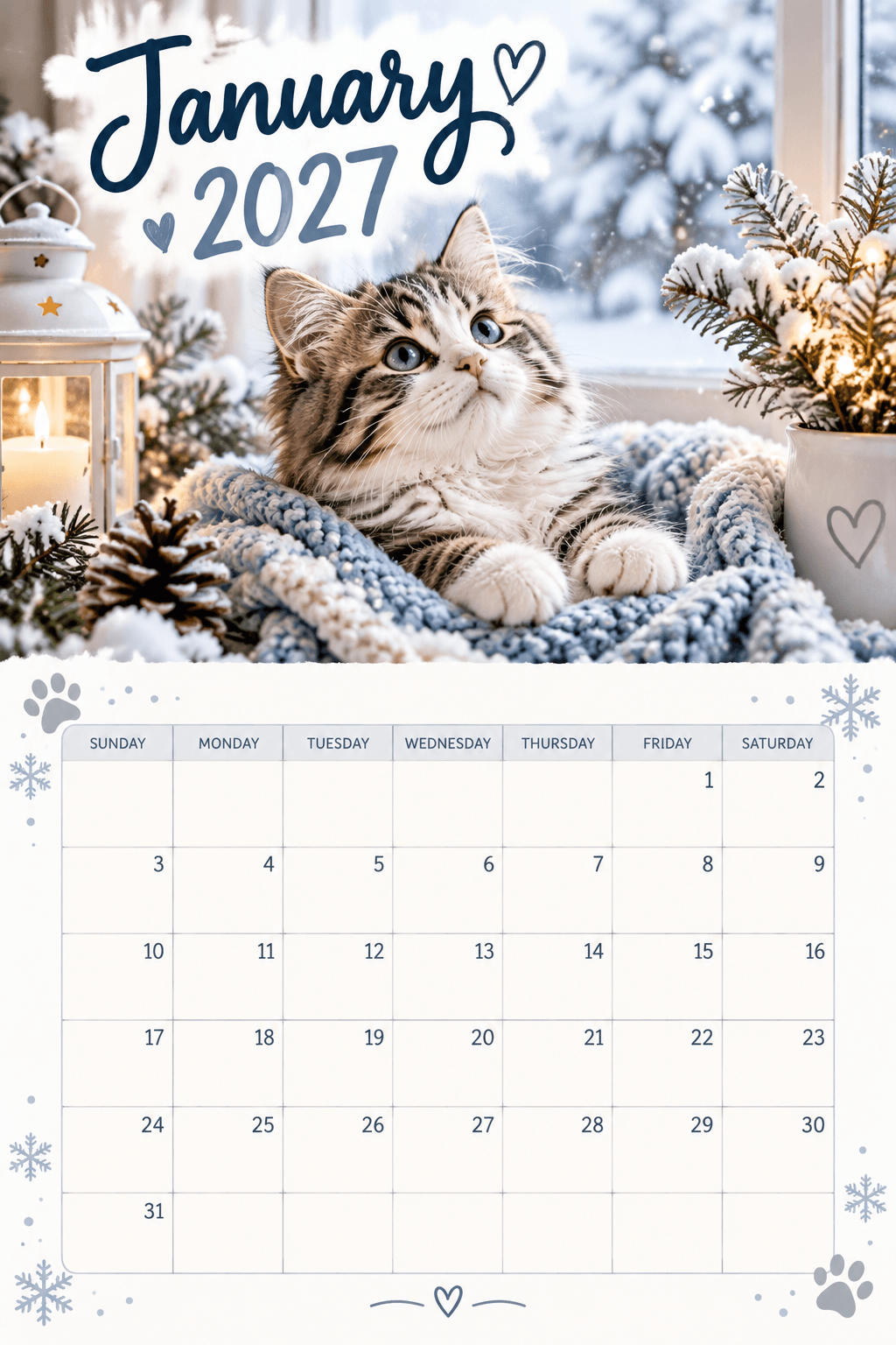January 2027 calendar with kitten on blue knit blanket by a snowy window